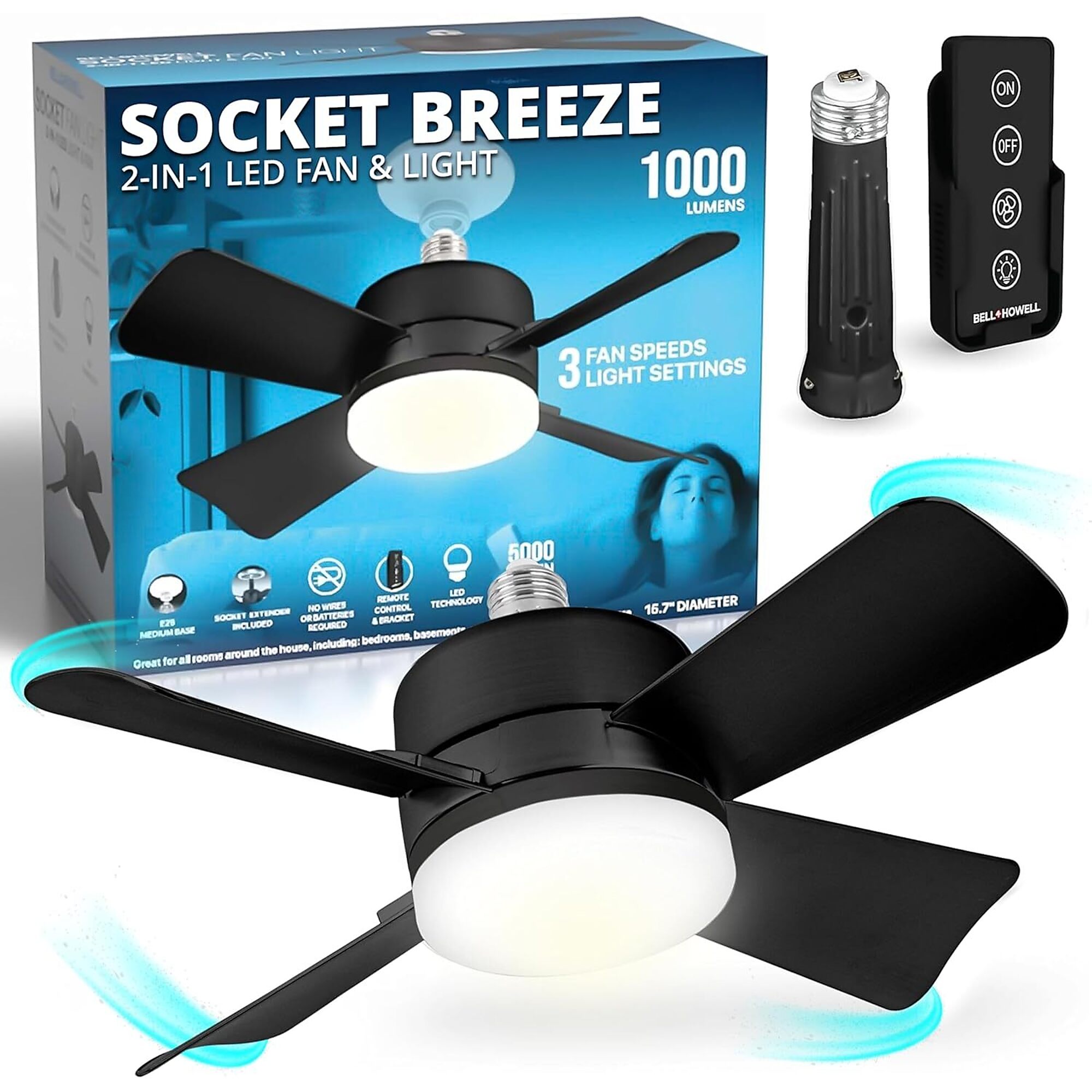 Bell + Howell Socket Breeze Socket Fan Light with Remote, 3 Fan Speeds, 3 Light Settings, 3500K Warm LED, 1000 Lumens, Black, 2300